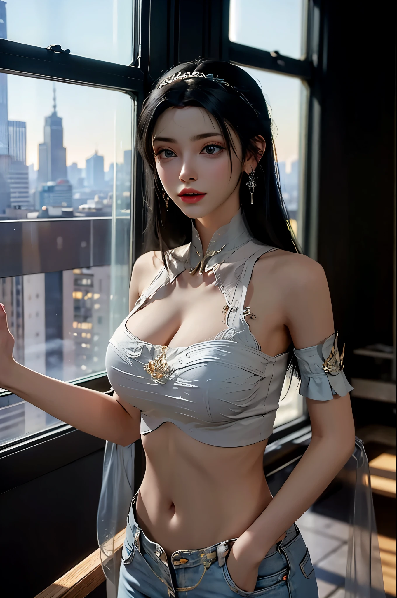 1girl, breasts, solo, covering_breasts, nude, covering, navel, long_hair, window, looking_at_viewer, jewelry, detached_collar, hairband, earrings, black_hairs, cityscape, city, night, indoors, medium_breasts, cowboy_shot, large_breasts, covering Breasts,