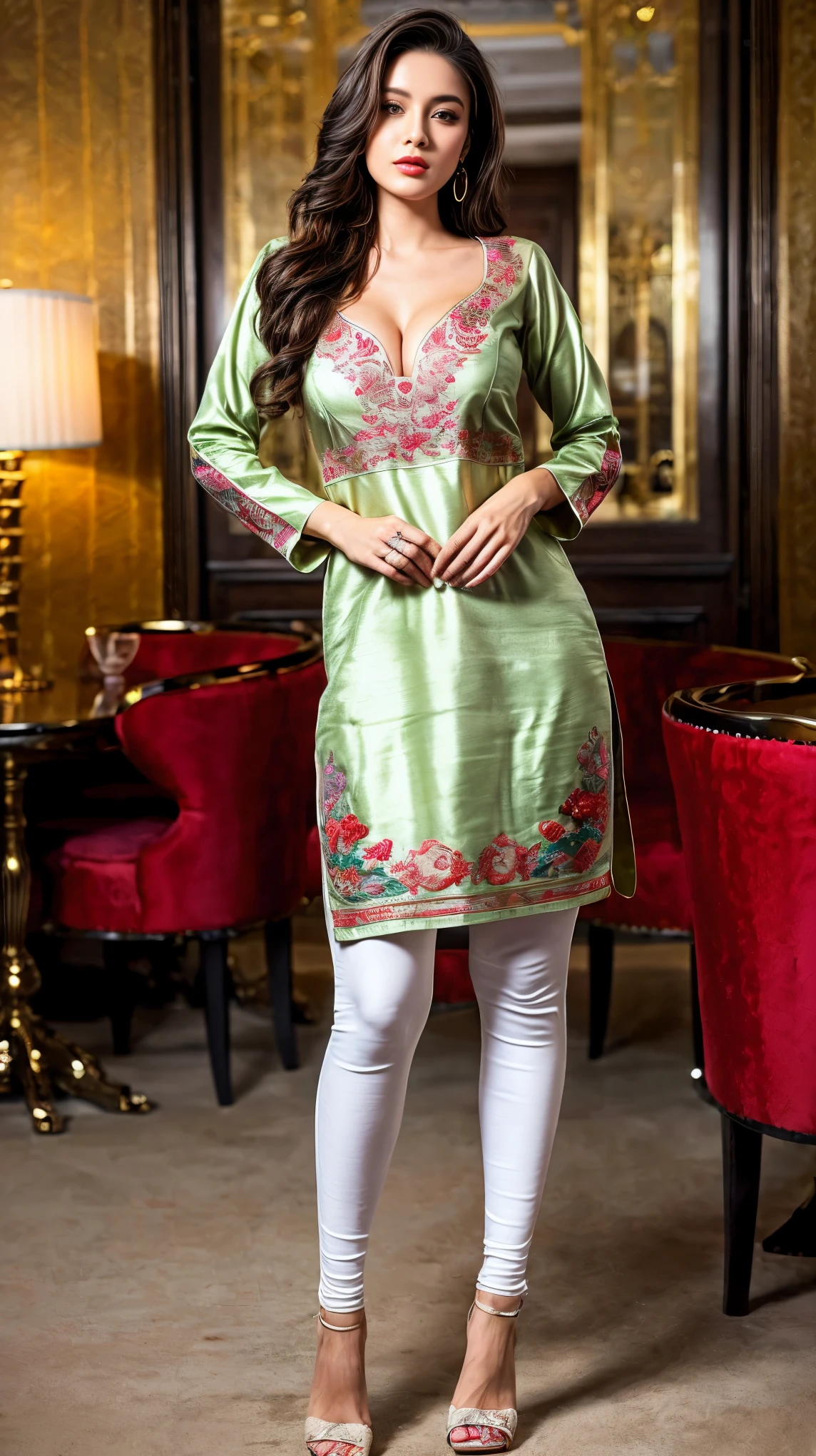 (girl in luxury office room, better lighting), (beautiful girl in Indian outfits), 1girl, solo girl, 20 year old girl, ((full body shot:1.5)), (Masterpiece:1.5), (hyperrealistic, hyperdetailed), (looking at viewers), sharpen, ultra realistic face, detailed face, detailed eyes, detailed lips, red lips, beautiful face, 16k, FHD, raw photo, pretty face mesh, intricate, extremely detailed, ultra realistic texture, smooth skin, realistic face, glow lip, very_high_resolution, perfect figure, fit body, beautiful hair style, fancy hair ornaments, (huge sagging breast, perky breasts, perfect rounded breasts, long areola, cleavage), (attractive body figure), (fancy high heel), ((embroidery fancy kurta), (embroidery kurta), embroidery luxury kurta, bodycon kurta, fancy kurta, skinny sleeves, fancy leggings).