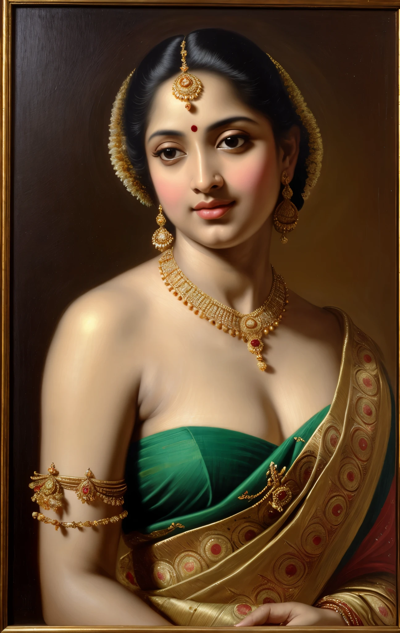 Beautiful Indian Woman, wearing saree, sari Beauty, gorgeous, Apsara, Maharani, royal queen woman, nymph from Hindu Mythology, Urvashi, matchless beauty, Highly detailed, Oil Painting by Peter Paul Rubens inspired by Raja Ravi Varma, Matchless beauty, captivating, gorgeous, heavenly beauty, celestial beauty, by Peter Paul Rubens, 13, realistic, hyper realistic, micro details, incredible artwork, insane details, ultra High resolution, 8k, 32k, acrylic on canvas, intricate, flawless, detailed, detailed face, detailed eyes, masterpiece, by Peter Paul Rubens, by Caravaggio, by William Adolphe bouguereau, perfect face, perfect body, beautiful art, realism, baroque, renaissance Art, highly textured, beautiful and detailed eyes, uhd, best quality,