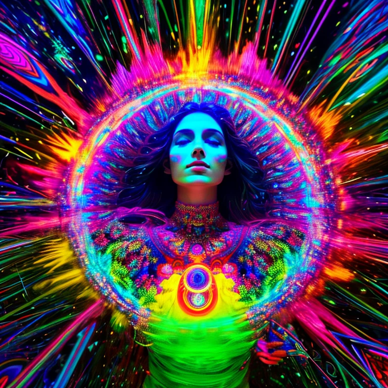 An ethereal goddess submerged in a psychedelic dream, Trippy Clipart Images, neon lights, kaleidoscopic effects, flutuando em um mar de cores derretidas, inspired by the visionary work of Alex Gray, aura hipnotizante, hiper-realismo, highly detailed and high resolution 16k