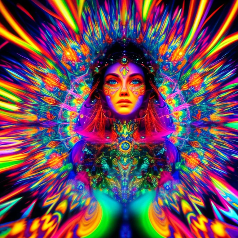 An ethereal goddess submerged in a psychedelic dream, Trippy Clipart Images, neon lights, kaleidoscopic effects, flutuando em um mar de cores derretidas, inspired by the visionary work of Alex Gray, aura hipnotizante, hiper-realismo, highly detailed and high resolution 16k
