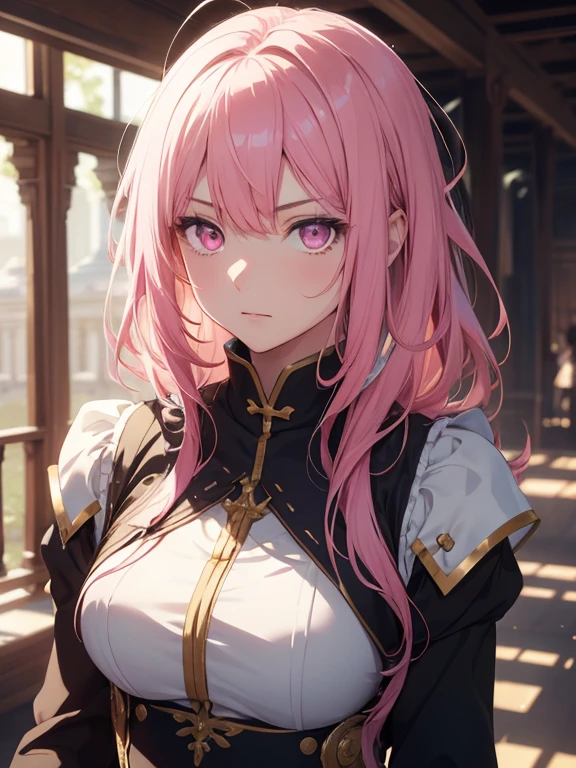 1woman, solo, female focus, tmasterpiece, fantasy world, mysterious, confident, gorgeous, pink hair, pink eyes, highest quality digital art, Stunning art, stunning art, wallpaper 4K, 8K, 16K, 32K, absurdres, highly detailed, anime masterpiece, serene expression, anime, best anime character design, looking at viewer, (((A gorgeous young))), ((age:1.5)), (glow pink eyes), ((Eyes have light)),upper body only, fractal art, ,priest, bishop, archbishop, inside a temple, ray tracing,