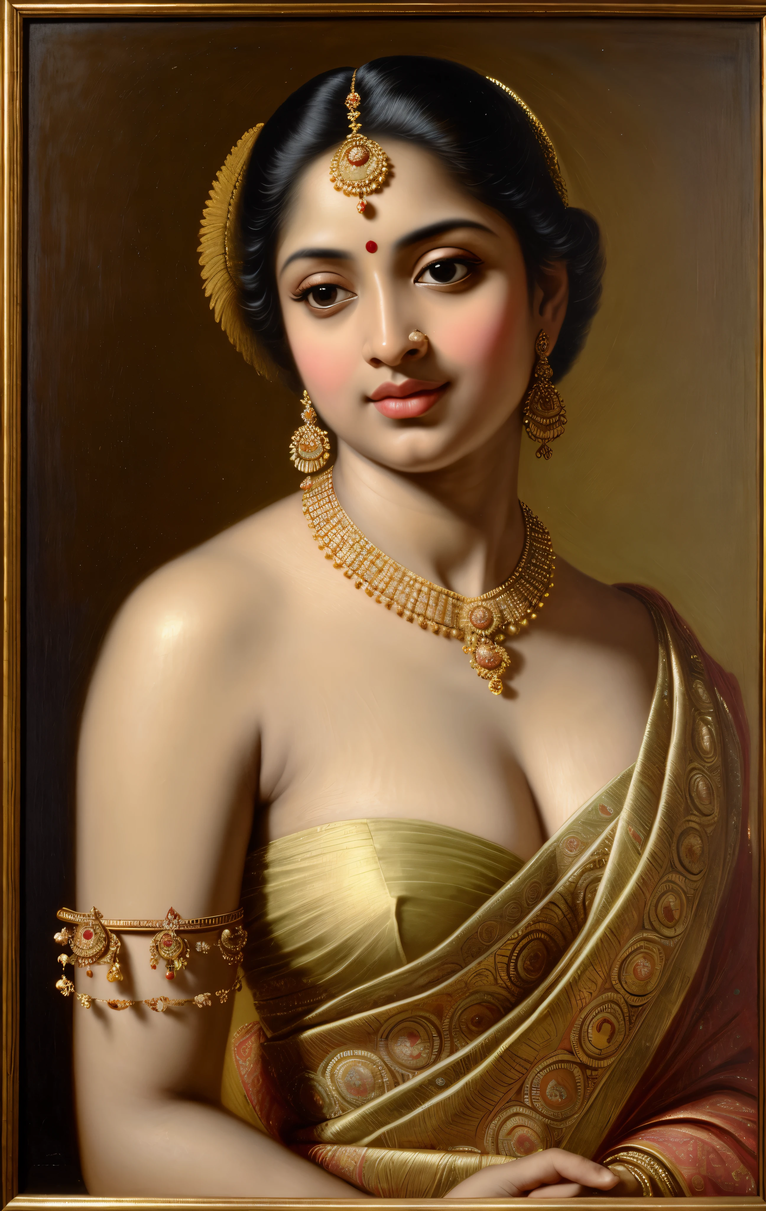 Beautiful Indian Woman, wearing saree, sari Beauty, gorgeous, Apsara, Maharani, royal queen woman, nymph from Hindu Mythology, Urvashi, matchless beauty, Highly detailed, Oil Painting by Peter Paul Rubens inspired by Raja Ravi Varma, Matchless beauty, captivating, gorgeous, heavenly beauty, celestial beauty, by Peter Paul Rubens, 13, realistic, hyper realistic, micro details, incredible artwork, insane details, ultra High resolution, 8k, 32k, acrylic on canvas, intricate, flawless, detailed, detailed face, detailed eyes, masterpiece, by Peter Paul Rubens, by Caravaggio, by William Adolphe bouguereau, perfect face, perfect body, beautiful art, realism, baroque, renaissance Art, highly textured, beautiful and detailed eyes, uhd, best quality,