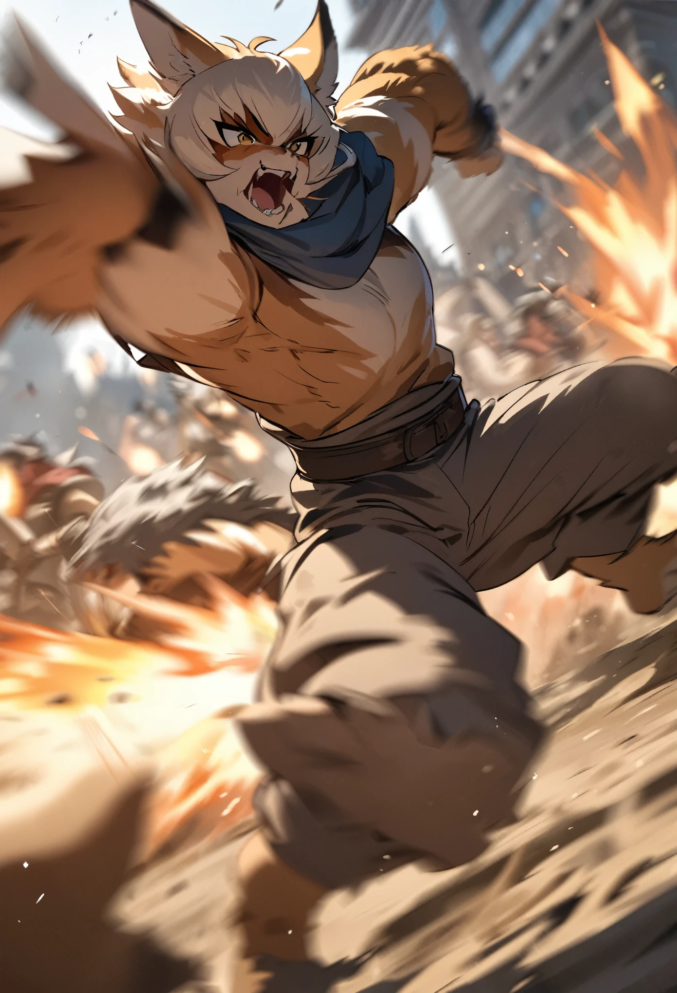 top quality, high-quality illustrations((masterpiece))depth of field, motion blur, absurdres, Perfect Anatomy, magnificent picture of kemono fighting fierce battles, kemono, 1boy, solo focus, Anthro((dramatic))epic, weapon, dynamic pose, One scene of movie,
