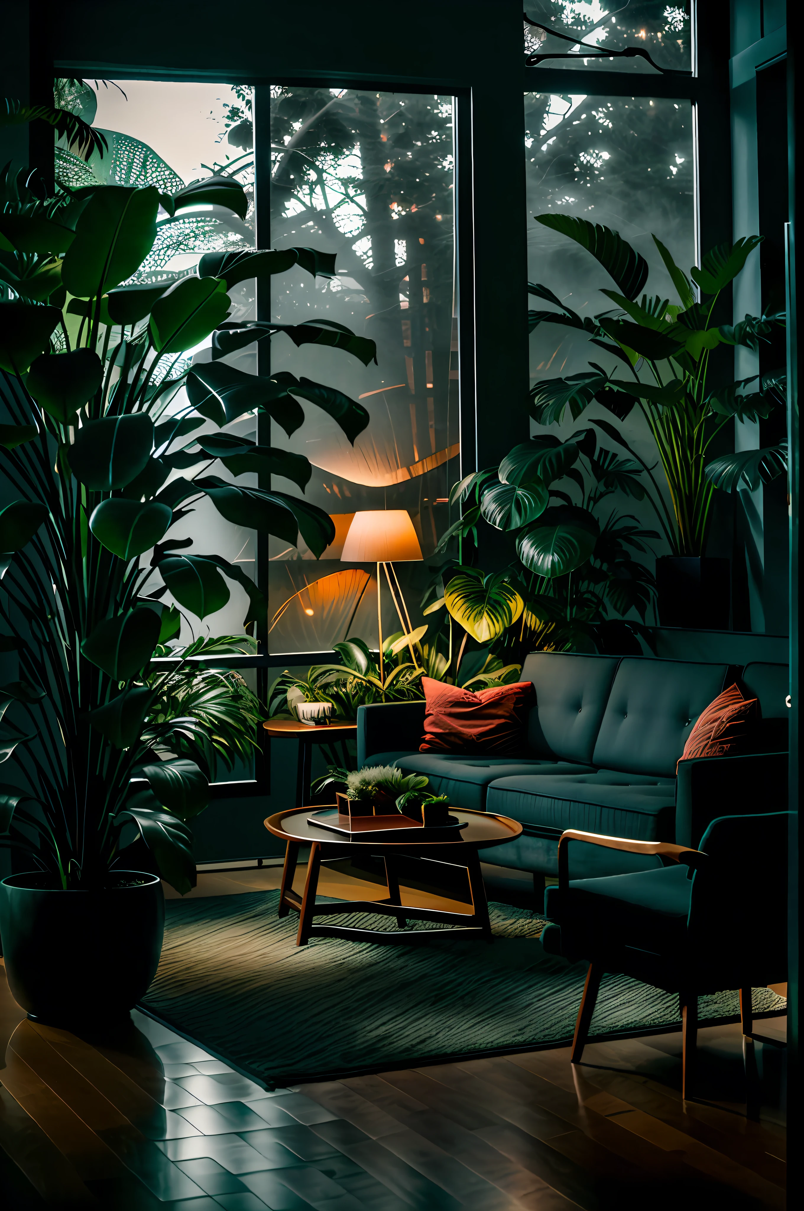 midcentury modern living room dimly lit with dark rainy evening outside, (foggy rainy evening:1.2), pacific northwest, (dim lighting:1.4), (moody lighting:1.2), plants, large plants, rainy, monstera, many plants, (foggy windows:1.2), masterpiece, best quality, twilight hour, (nighttime:1.4), rainy evening, after sunset,