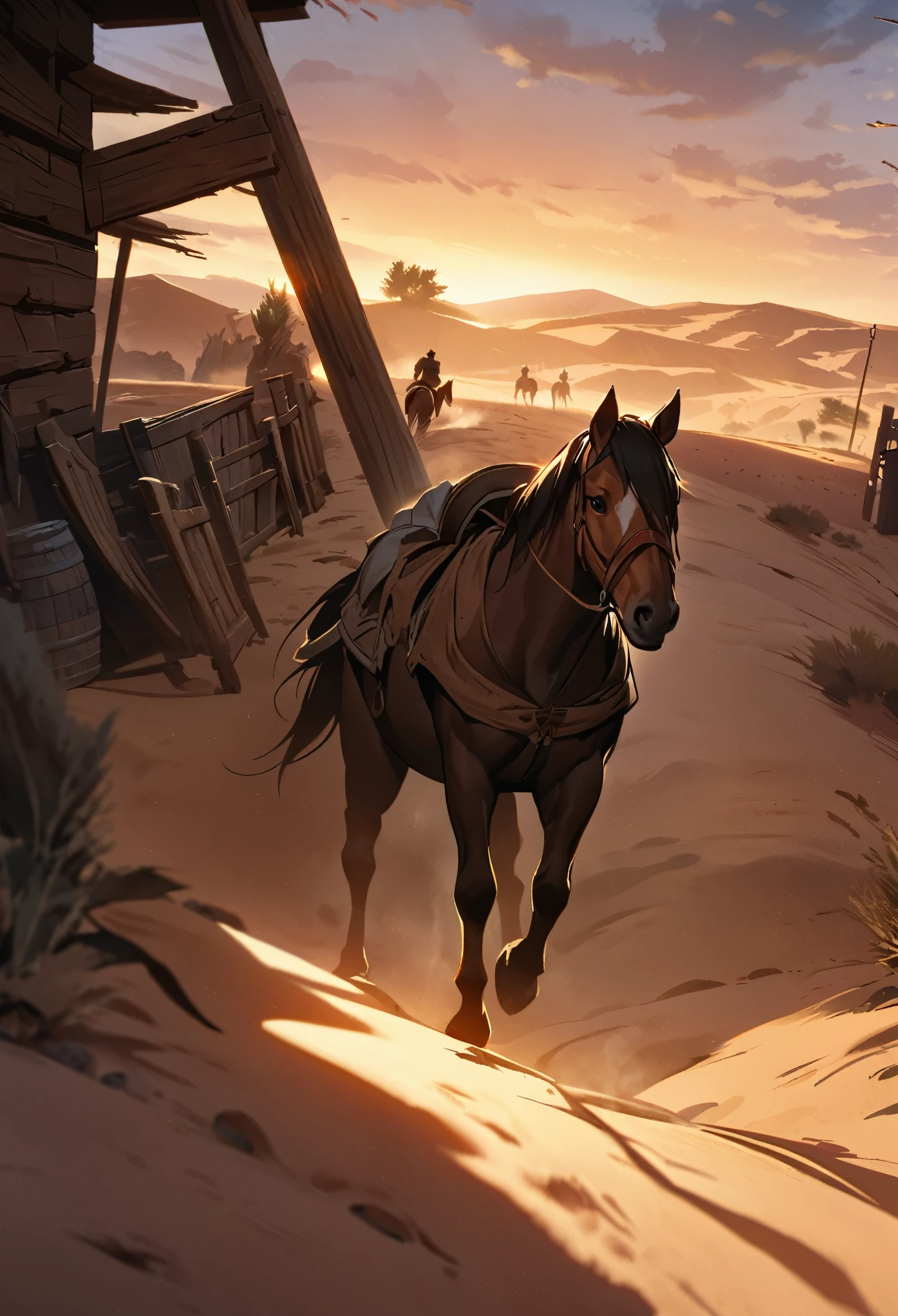 top quality, best quality, High-quality illustrations, masterpiece, super high resolution, detailed background, The desolate and rugged desert landscape at sunset, with the sky turning shades of red and the dry earth stretching into the distance, Cowboys racing across the prairie, stirring up dust as the sound of horse hooves echoes through the air, A lone sheriff standing at the entrance of a saloon, with a wooden sign swaying gently behind him, A gunslinger suddenly emerging from the shadows, his sharp gaze and the silence creating a tense atmosphere, absurdres, perfect anatomy, expression, good lighting, cinematic shadow(kemono, furry anthro)dynamic angle,