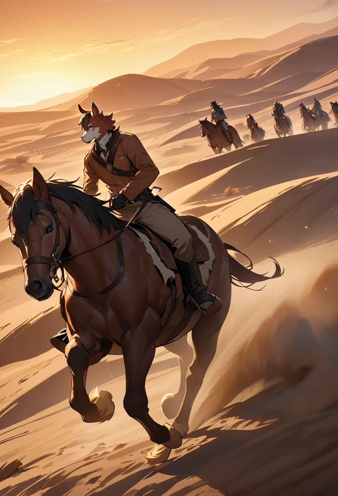 top quality, best quality, High-quality illustrations, masterpiece, super high resolution, detailed background, The desolate and rugged desert landscape at sunset, with the sky turning shades of red and the dry earth stretching into the distance, Cowboys racing across the prairie, stirring up dust as the sound of horse hooves echoes through the air, A lone sheriff standing at the entrance of a saloon, with a wooden sign swaying gently behind him, A gunslinger suddenly emerging from the shadows, his sharp gaze and the silence creating a tense atmosphere, absurdres, perfect anatomy, expression, good lighting, cinematic shadow(kemono, furry anthro)dynamic angle,