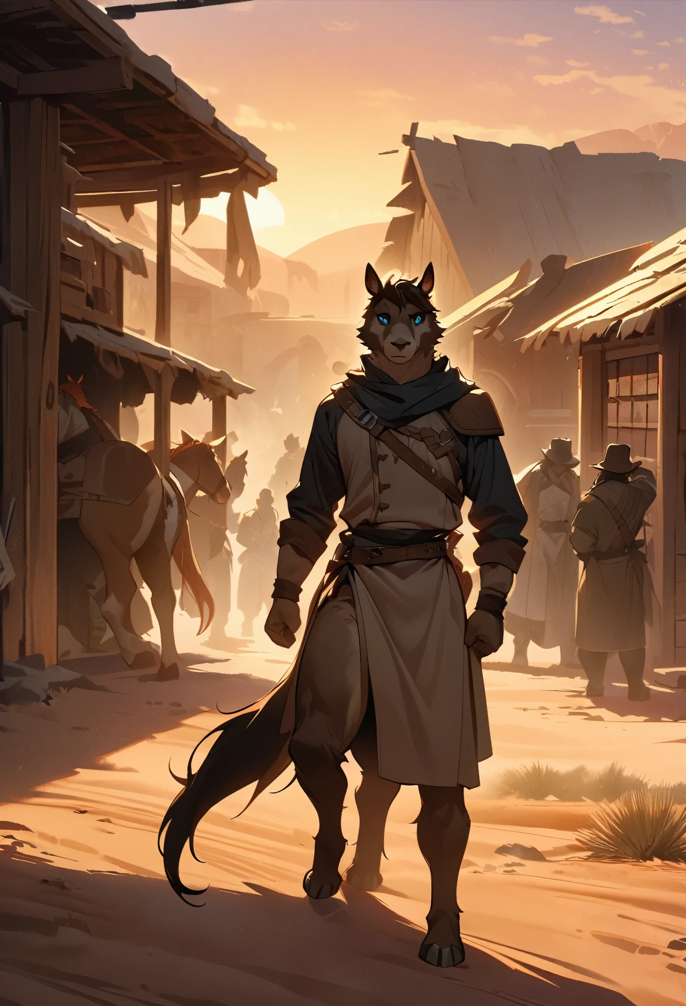 top quality, best quality, High-quality illustrations, masterpiece, super high resolution, detailed background, The desolate and rugged desert landscape at sunset, with the sky turning shades of red and the dry earth stretching into the distance, Cowboys racing across the prairie, stirring up dust as the sound of horse hooves echoes through the air, A lone sheriff standing at the entrance of a saloon, with a wooden sign swaying gently behind him, A gunslinger suddenly emerging from the shadows, his sharp gaze and the silence creating a tense atmosphere, absurdres, perfect anatomy, expression, good lighting, cinematic shadow(kemono, furry anthro)dynamic angle,