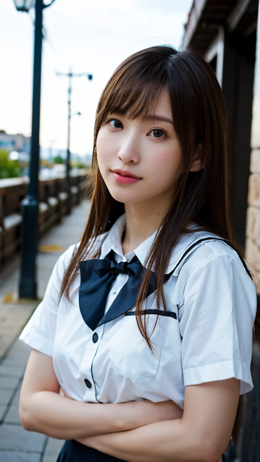 highest quality, masterpiece,  Surrealism, Super Detail, Ultra-high resolution,Ultra-high resolution,Realistic,RAW Photos,  (photoRealistic:1.4), Shooting with a digital SLR,Sharp focus, Depth of written boundary, Cinema Lighting, Soft Light, 1人of女of子, of, View your viewers,Upper Body, (school uniform)