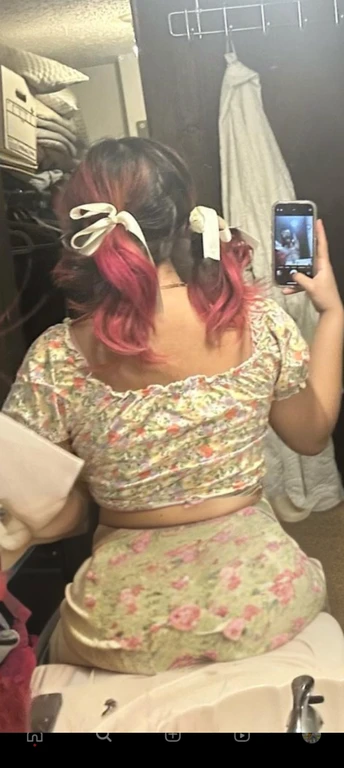 woman with pink hair taking a picture of herself in the mirror, wearing pink hair bow, pigtails, colorful pigtail, wearing underwear, with pink hair, wearing pink panties, back of the hair, roses in her hair, pink hair covered with hairpins, view from the back, curvy and bow, shot from the back, thick bow, insanely inflated hips, beautiful girl, big ass, huge ass, bbw, from behind, thick, thick thighs, wide hips, bbw, big tits, sideboob, giant ass, side view, big butt, round butt, tight underwear, underwear halfway off, underwear taking off, grabbing ass, ass spilling over underwear, too thick for clothes, side angle, chubby stomach, big , filipina, fat ass on sink