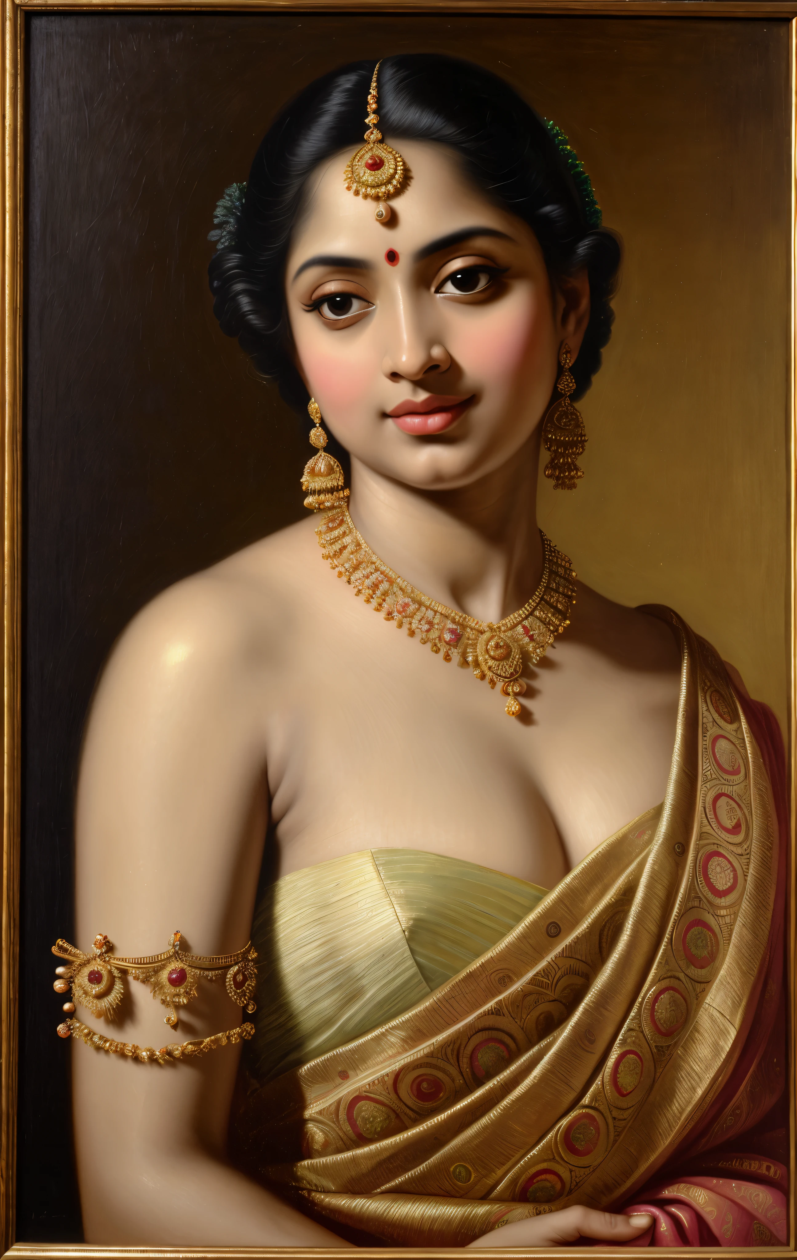 Beautiful Indian Woman, wearing saree, sari Beauty, gorgeous, Apsara, Maharani, royal queen woman, nymph from Hindu Mythology, Urvashi, matchless beauty, Highly detailed, Oil Painting by Peter Paul Rubens inspired by Raja Ravi Varma, Matchless beauty, captivating, gorgeous, heavenly beauty, celestial beauty, by Peter Paul Rubens, 13, realistic, hyper realistic, micro details, incredible artwork, insane details, ultra High resolution, 8k, 32k, acrylic on canvas, intricate, flawless, detailed, detailed face, detailed eyes, masterpiece, by Peter Paul Rubens, by Caravaggio, by William Adolphe bouguereau, perfect face, perfect body, beautiful art, realism, baroque, renaissance Art, highly textured, beautiful and detailed eyes, uhd, best quality,