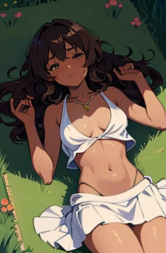 (detailed background), (detailed fingers), (masterpiece), (4k), (best quality), light dark skinned anime girl, dressed in a cute bikini top and flowy skirt, curled up in a peaceful slumber on a grassy hill, (her hand pressed against her stomach in discomfort), (long wavy brown hair), (necklace), (wet sweaty body)