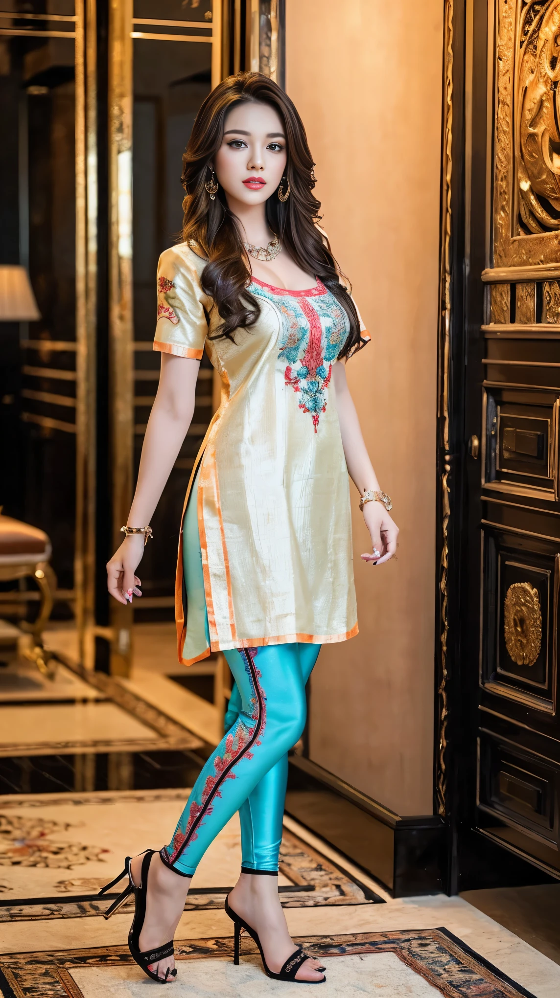 (A girl in luxury office), 1girl, solo girl, 20 year old girl, (full body shot:1.5), (Masterpiece:1.2), (hyperrealistic, hyperdetailed), (looking at viewers), sharpen, ultra realistic face, detailed face, detailed eyes, detailed lips, red lips, beautiful face, 16k, FHD, raw photo, pretty face mesh, intricate, extremely detailed, ultra realistic texture, smooth skin, realistic face, glow lip, very_high_resolution, perfect figure, fit body, beautiful ponytail hair style, fancy hair ornaments, (huge sagging breast, perky breasts, perfect rounded breasts, cleavage), (attractive body figure), (fancy high heel), ((embroidery fancy kurta), (embroidery kurta), embroidery luxury kurta, bodycon kurta, fancy kurta, skinny sleeves, (masterpiece kurta), (luxurious kurta), fancy leggings).
