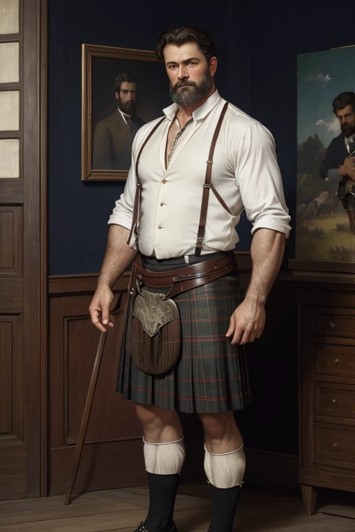 A full body portrait of an extremely strong and handsome 40s years old blond man wearing only a short kilt, strong arms and chest, highly detailed painting, portrait, artwork by William-Adolphe Bouguereau, ethereal, poetic pastoral, sexy and guilty