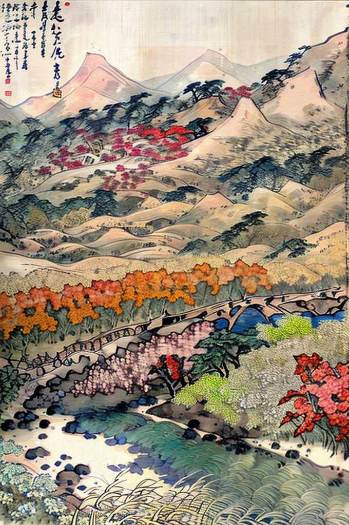 (masterpiece, best quality: 1.2), Traditional Chinese ink painting,Mountains in the distance，Nearby trees and flowers