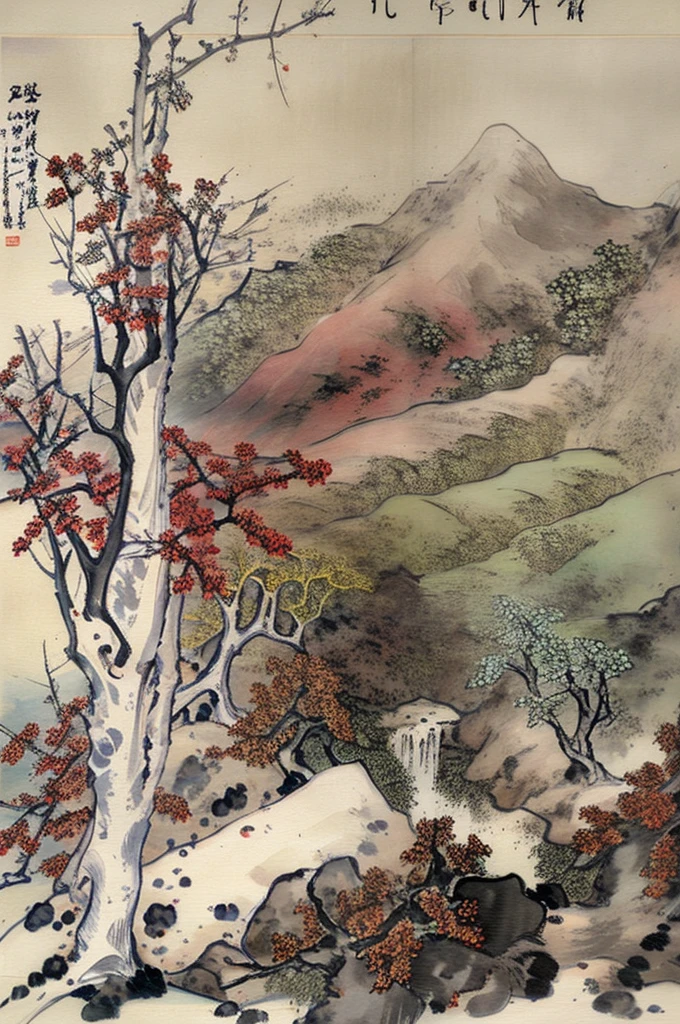 (masterpiece, best quality: 1.2), Traditional Chinese ink painting,Mountains in the distance,Nearby trees and flowers
