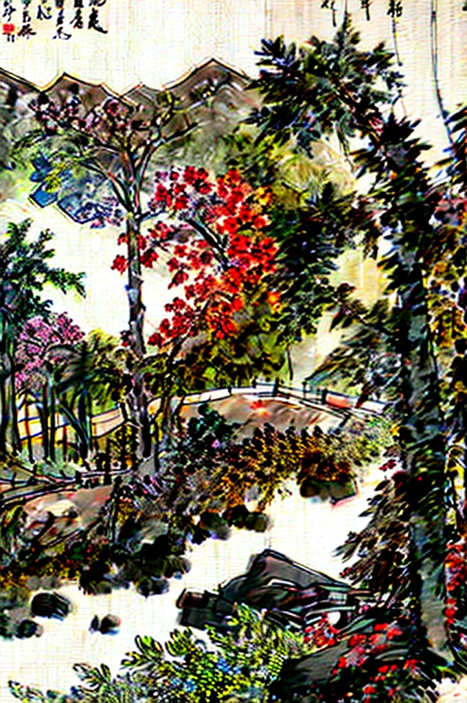 (masterpiece, best quality: 1.2), Traditional Chinese ink painting,Mountains in the distance,Nearby trees and flowers