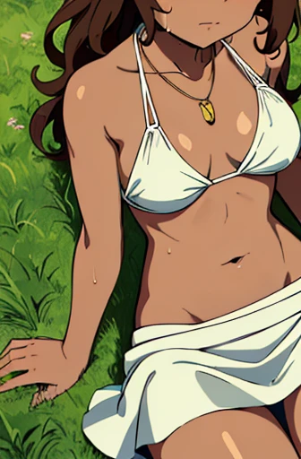 (detailed background), (detailed fingers), (masterpiece), (4k), (best quality), light dark skinned anime girl, dressed in a cute bikini top and flowy skirt, curled up in a peaceful slumber on a grassy hill, ((her hand pressed tightly against her stomach in discomfort)), (long wavy brown hair), (necklace), (wet sweaty body)