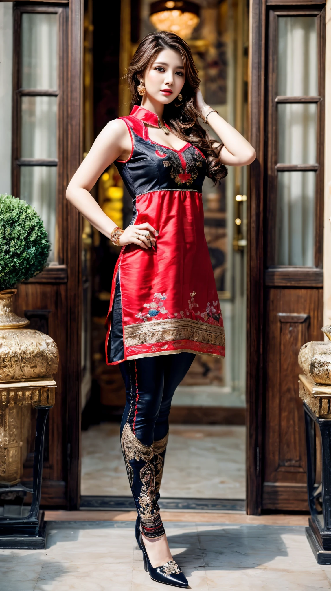 (A girl in luxury office), 1girl, solo girl, 20 year old girl, (wide angle pose standing position:0.5), (full body shot:1.5), (Masterpiece:1.2), (hyperrealistic, hyperdetailed), (looking at viewers), sharpen, ultra realistic face, detailed face, detailed eyes, detailed lips, red lips, beautiful face, 16k, FHD, raw photo, pretty face mesh, intricate, extremely detailed, ultra realistic texture, smooth skin, realistic face, glow lip, very_high_resolution, perfect figure, fit body, fancy ponytail hair style, fancy hair ornaments, (huge sagging breast, perky breasts, perfect rounded breasts, cleavage), (attractive body figure), (fancy high heel), ((embroidery fancy kurta), (embroidery kurta), embroidery luxury kurta, bodycon kurta, fancy kurta, skinny sleeves, (masterpiece kurta), (luxurious kurta), fancy leggings).