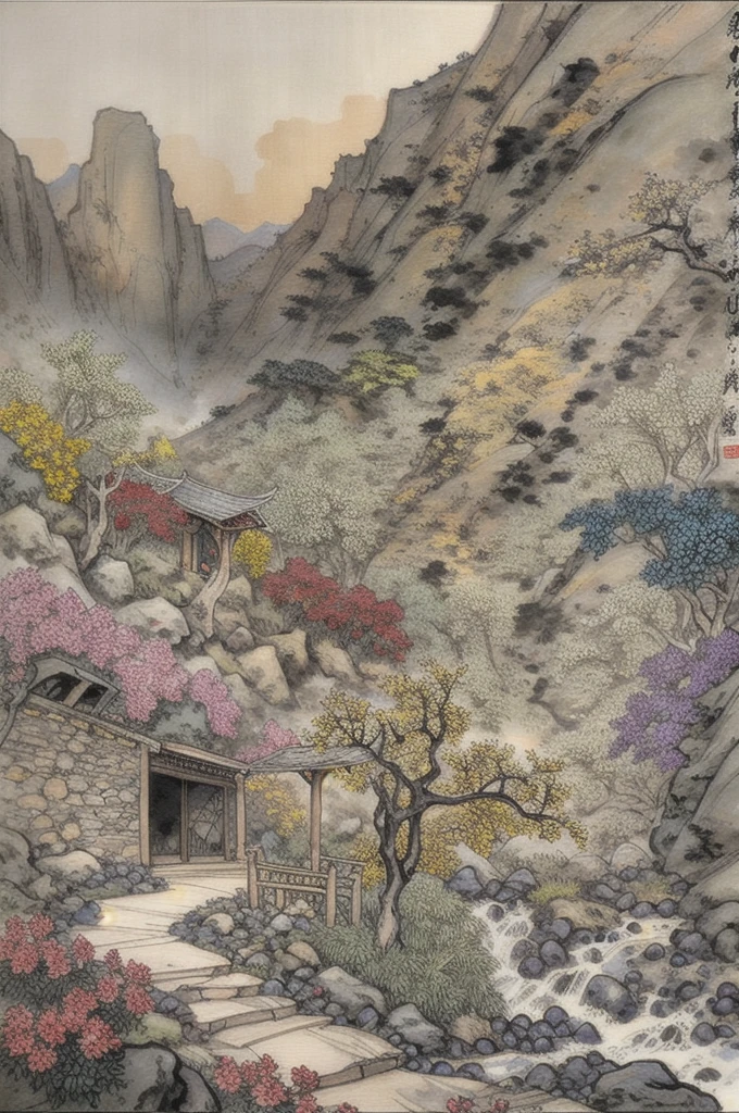 (masterpiece, best quality: 1.2), Traditional Chinese ink painting,Mountains in the distance,Nearby trees and flowers