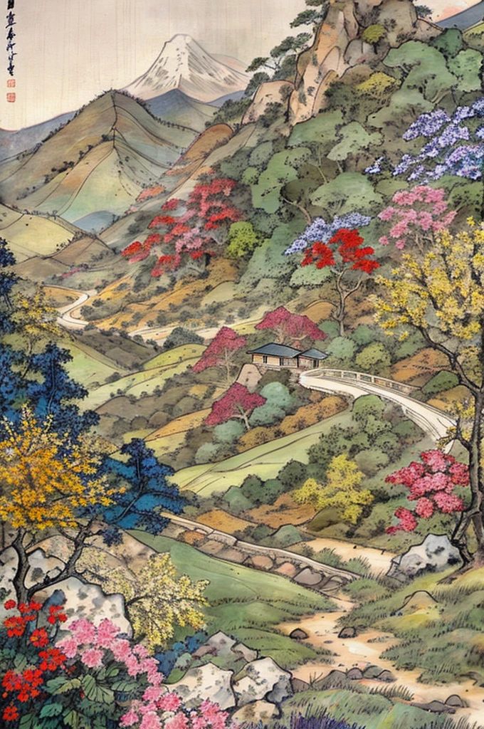 (masterpiece, best quality: 1.2), Traditional Chinese ink painting,Mountains in the distance,Nearby trees and flowers