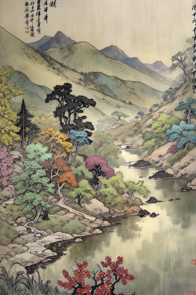 (masterpiece, best quality: 1.2), Traditional Chinese ink painting,Mountains in the distance，Nearby trees and flowers