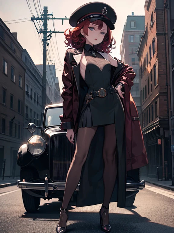 masterpiece, Pale skin, Red lips, Bright Eyes, eye shadow, Photographed from the front、A beautiful red-haired woman with medium curly hair、Standing on the street with a Thompson M1928A1 drum。, Behind her is a still green 1928 Cadillac Town Sedan., She is wearing a mafia suit in red and black colors, She has a mafia-style skirt and jacket draped over her shoulders, she also wears a hat, Garter holders and heels, Very detailedボディ, Detailed cars and clothing, Chiaroscuro, Natural light, Very detailed, She and the car focused on the image.