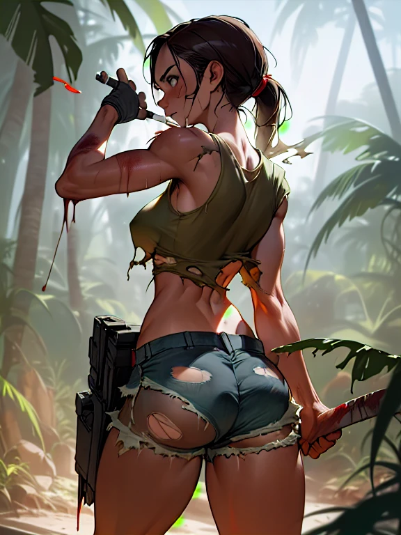 ((Digital painting)),((4k)),((comic Babes)),(best quality), Lara Croft, torn clothes, torn top over chest, torn top over nipple, Wet top, wounds and blood, ripped shorts, serious face, volumetric light, smoking body, particles, jungle, medium breasts, (((torn shorts on buttocks))), shot from behind.