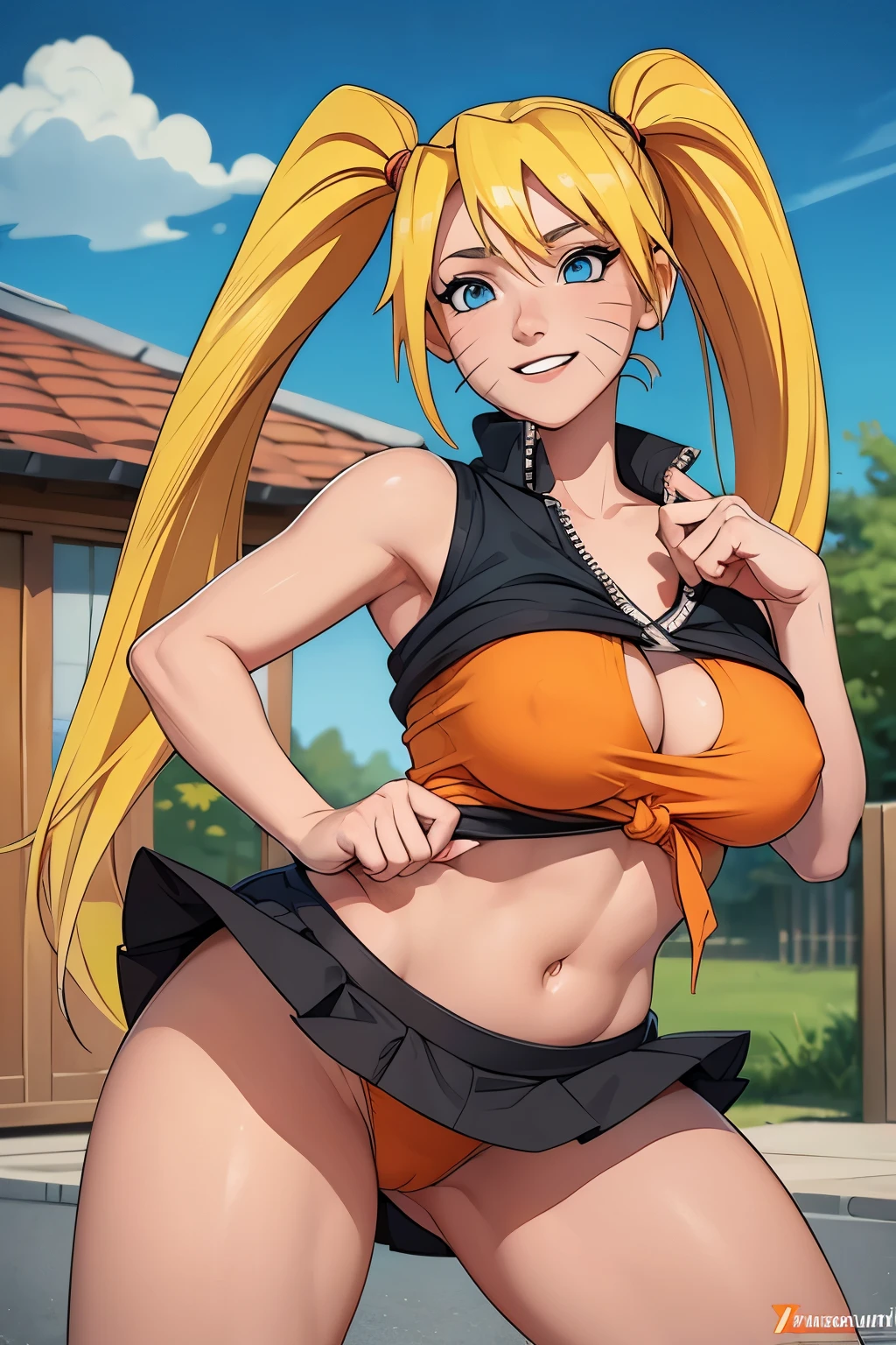 (masterpiece), (high quality), female Naruto Uzumaki, orange top tied under breasts, big breasts, sexy pose, mischievous smile, soft lightning, blonde twintails, short black skirt, lift skirt, precise hands, detailed cottage in the background