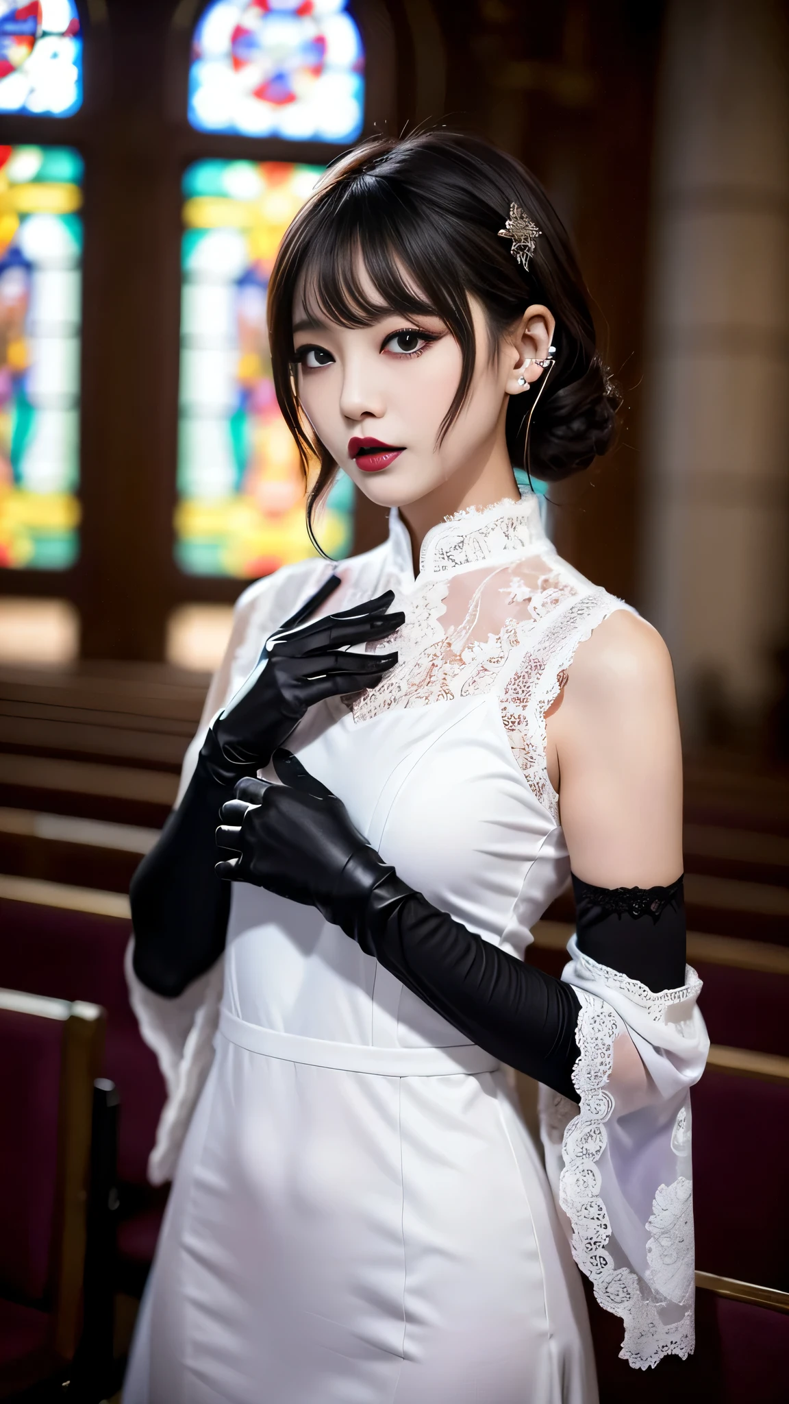 tra-detailed、Japanese、Attractive beauty、seductive adult woman、Pretty Woman、cool girl、brown hair、wavy hair、swept bangs、piercing eyes、hollow eyes、half-closed eyes、Hollow Eyes、Purple Eyeshadow、black lipstick、black lip gloss、dark makeup、smirk、Whisper in my ear、Evil expression、Long Black Cheongsam、Wide sleeves、lace fabric gloves、Evil cadres、Fallen into evil、brainwash、mind control、evil、Church at night、Swear allegiance、Have lipstick、Are standing