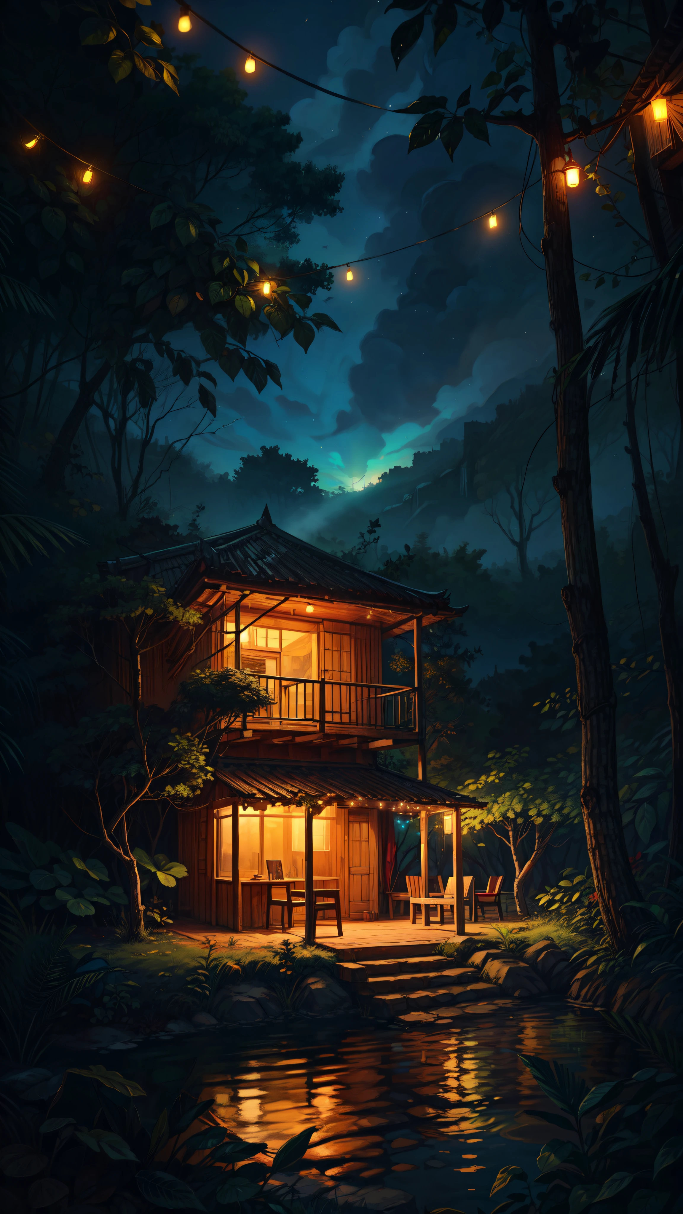 16mm aerial view, a beautiful hut covered with string lights, lake, stairs, night light, reflection, night sky, dense jungle, aesthetics, beautiful tones, string lights, scenery, beautiful ambience, 8k, volumetric light, peaceful scene, light shining on part of foliage, micro landscape, intrinsic details