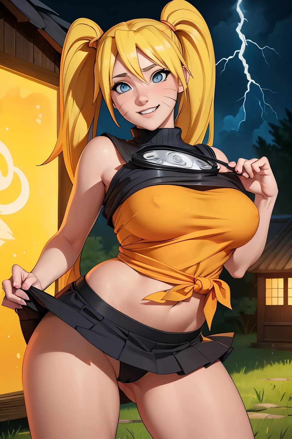 (masterpiece), (high quality), female Naruto Uzumaki, orange top tied under breasts, big breasts, sexy pose, mischievous smile, soft lightning, blonde twintails, short black skirt, lift skirt, precise hands, detailed cottage in the background