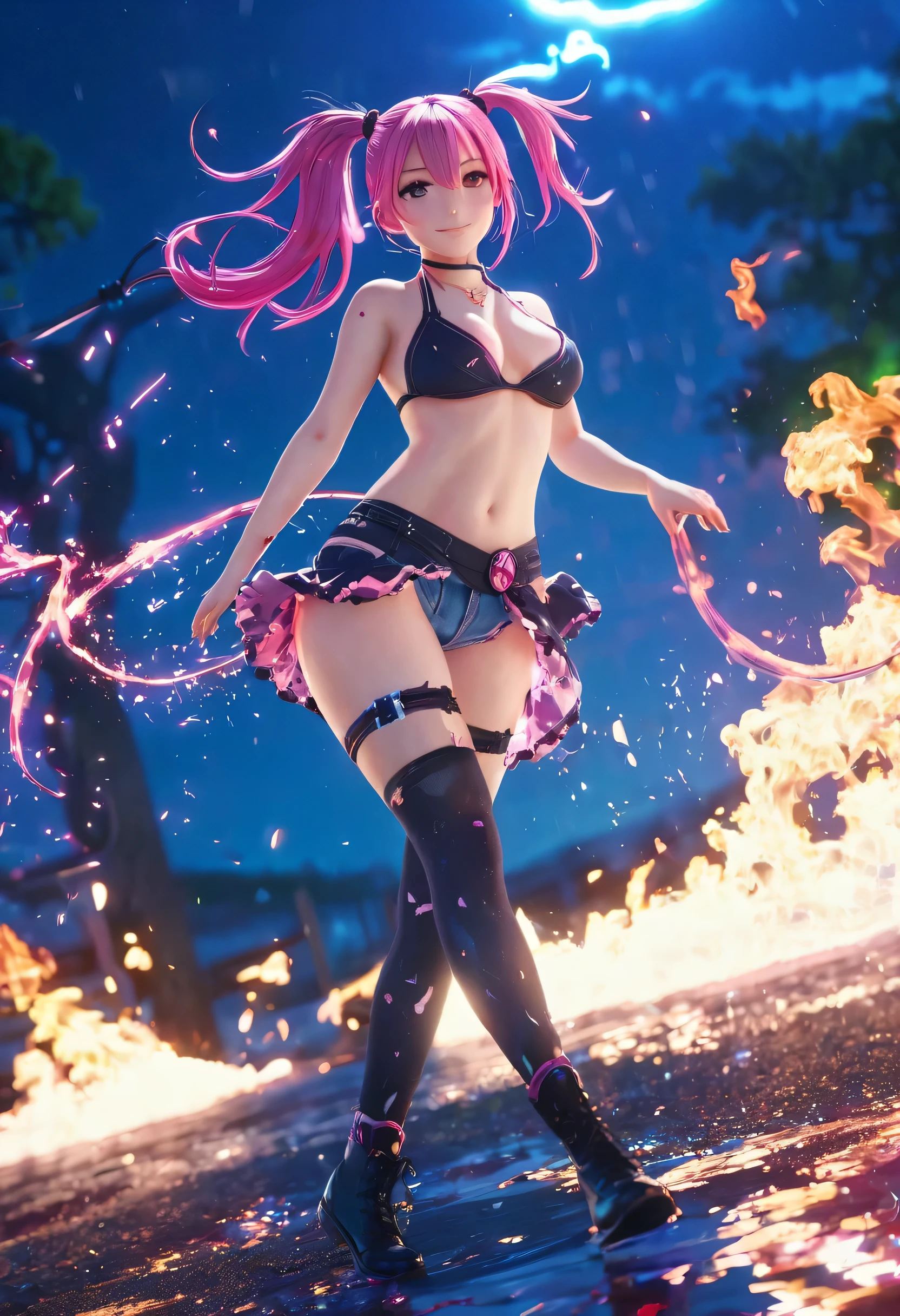 1girl,net bikini jeans, ponytail ,pink hair, green eyes, magic circle, blue flames, wallpaper, landscape, blood, blood splatter, depth of field, night, light particles, light rays, sidelighting, thighs, fate \(series\), genshin impact, ****, skirt, thighhighs, 