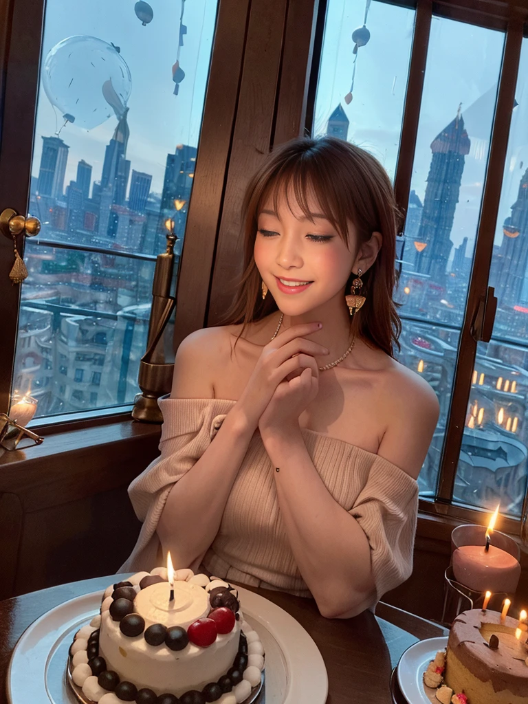 1girl, long hair, looking at viewer, smile, brown hair, dress, bare shoulders, jewelry, closed eyes, earrings, one eye closed, food, indoors, off shoulder, window, night, cake, city, candle, cityscape, balloon, city lights, birthday cake