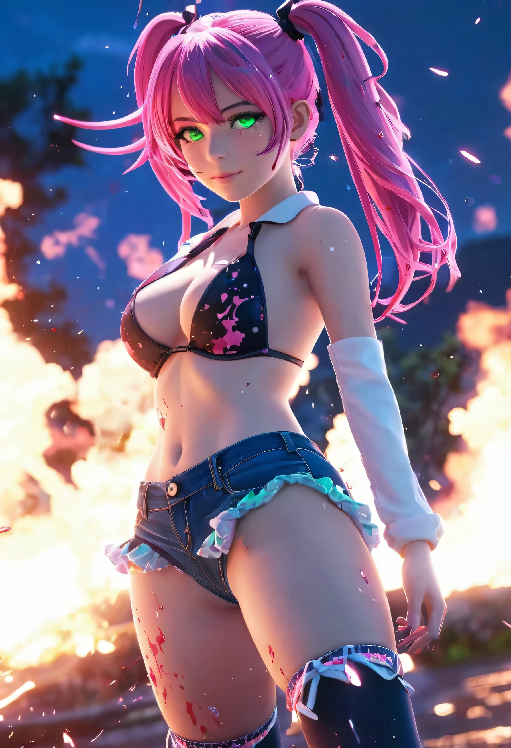 1girl,net bikini jeans, ponytail ,pink hair, green eyes, magic circle, blue flames, wallpaper, landscape, blood, blood splatter, depth of field, night, light particles, light rays, sidelighting, thighs, fate \(series\), genshin impact, ****, skirt, thighhighs,