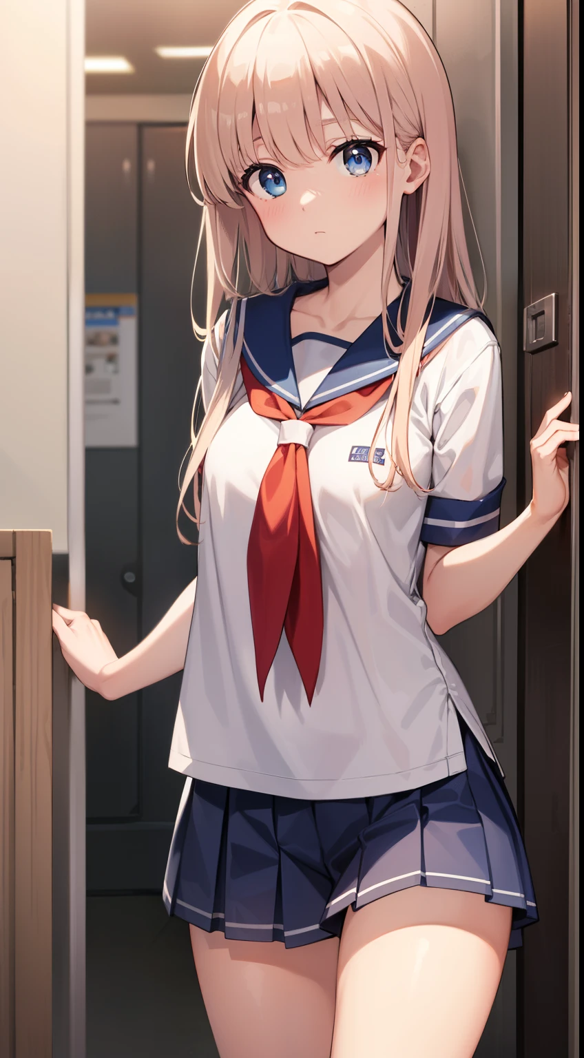 A thin female student with small breasts,{laughing},{nsfw},locker room,school uniform,undressing,talking to a friend