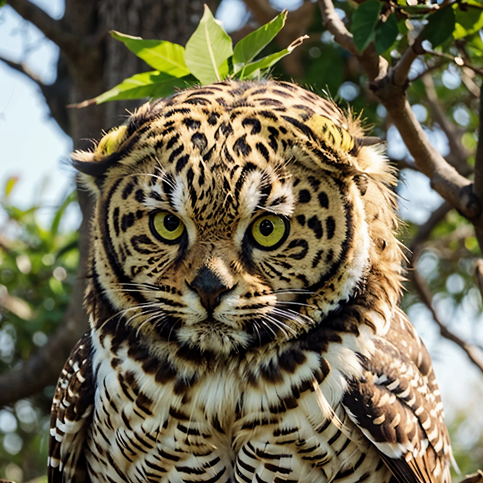 Face of a leopard on an owl with yellow and green feathers