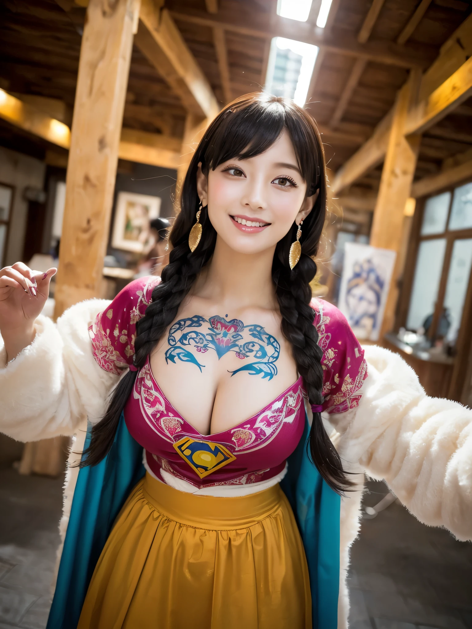 (((Superwoman Cosplay)))、High resolution symmetrical images,    Japanese film photo of a woman with colorful tattoos on her waist, chest and arms,  Big mouth cleavage、(((Full body tattoos)))、 Large tattoo on the chest、(Lotus tattoo)、 (((close up chest, Underarm, 胸のAngle from below))), blonde braids, short hair, ((Art Nouveau)), (Ecstasy Face), (Alphonse Mucha), Small earrings, ((on the road, wood, Buildings in medieval Europe)), Angle from below、(Anatomically correct)、（Perfect body proportions)、(Natural Hands、Natural Fingers)、(Breast Goddess, Woman born from flowers, ((Round face)), Realistic Eye Size, Droopy eyes, smile,I&#39;m bathed in dazzling light
