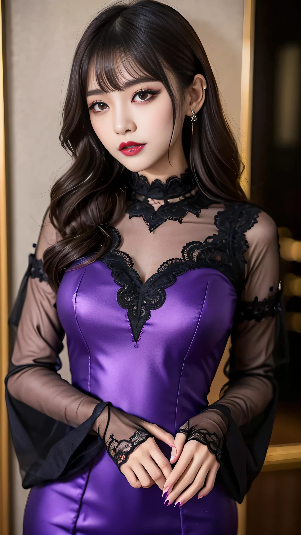 tra-detailed、Japanese、Attractive beauty、seductive adult woman、Pretty Woman、cool girl、brown hair、wavy hair、swept bangs、piercing eyes、hollow eyes、half-closed eyes、Hollow Eyes、Purple Eyeshadow、black lipstick、black lip gloss、dark makeup、smirk、Evil expression、Party dress、Wide sleeves、lace fabric gloves、Evil cadres、Fallen into evil、brainwash、mind control、evil、Church at night、Swear allegiance、Have lipstick、Are standing