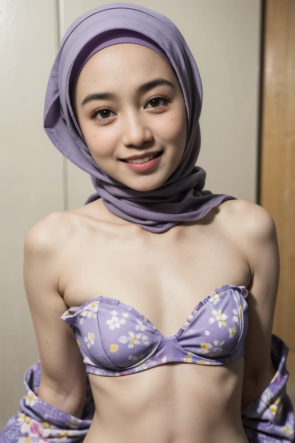 ((HAPPY SMILE)), Naked singlet (((HIJAB MALAY GIRL))), masutepiece, High quality, UHD 32K, Realistic face, Realistic skin feeling , A Japanese Lady, , , Very cute and baby-like face, (((FLAT CHEST))), (MATRIX WORLD), ((look In front  at the camera and SADNESS)), ((())), (((CUTE GIRL))), ((LIGHT PURPLE LIPS)), ((CHUBBY)), (undress, strapless Colourful bra, (floral pattern)