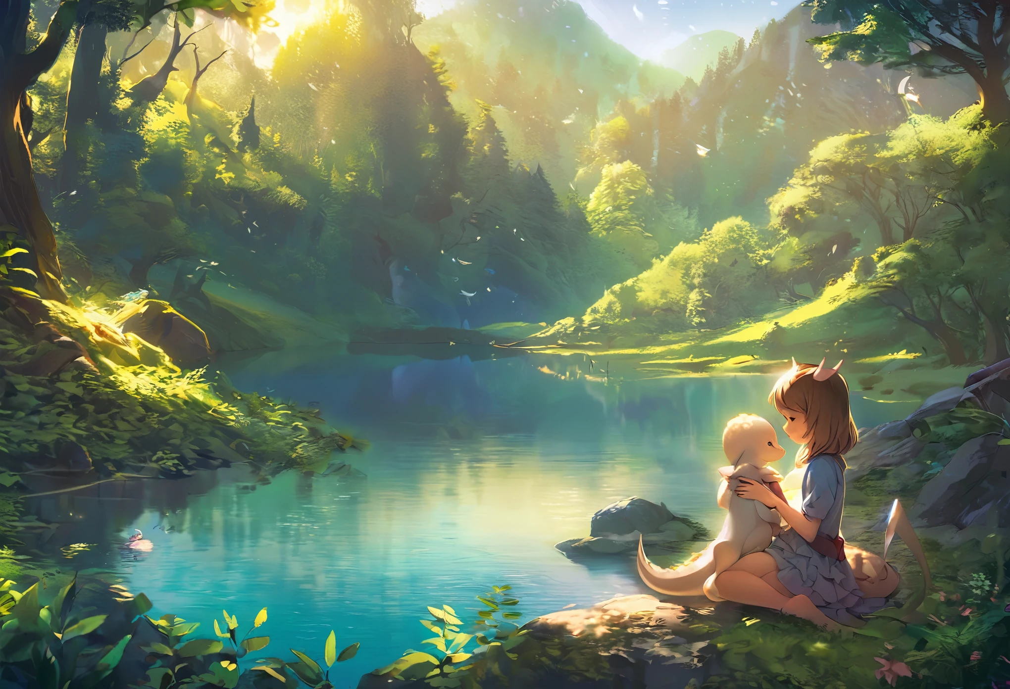 cover page, anime key visual, highres, top quality, best quality, paid reward available, High-quality illustrations, unparalleled masterpiece, perfect artwork, absurdres, Gentle scene, animated style, young girl, tenderly petting, head, body, newly hatched, baby dragon, lush forest, dense, lake, enchantment, magic, strong bond, friendship, rich colors, vibrant, magical environment, forest, lake, soft lighting, dappled, dreamlike, peaceful atmosphere, cinematic lighting,
