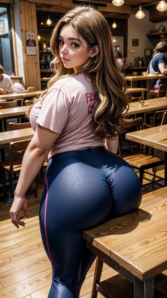 1 very fat woman with brown wavy hair, some blonde highlights, white skin, bending over a wooden table, in a pizzeria, looking back, hot pink t-shirt and navy blue leggings