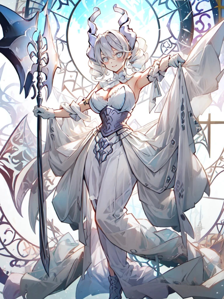 One girl, labrynth, Silver Hair, Grey Eyes, big breasts, horn, Cleavage, silver castle, Exquisite, blush, Nervous,Cowboy Shot, ,High quality generation of dark female characters, Unreasonable,Her figure is terribly beautiful, Emphasizing the dark and crazy elements. Skillfully expressing the effects of light and shadow, detailed, The face and expression are carefully drawn.., Artistic elements add depth to the work, With a unique artistic touch. This film is visually stimulating and aesthetically pleasing.,sketch (Character design sheet, same characters, whole body, Three-View, front, ~ ~ side, return), alone,Stained glass background