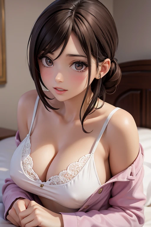 Italian girl, 25 years old, short brown hair tied up, slim, busty, sleeping in a bed, wearing a nightgown