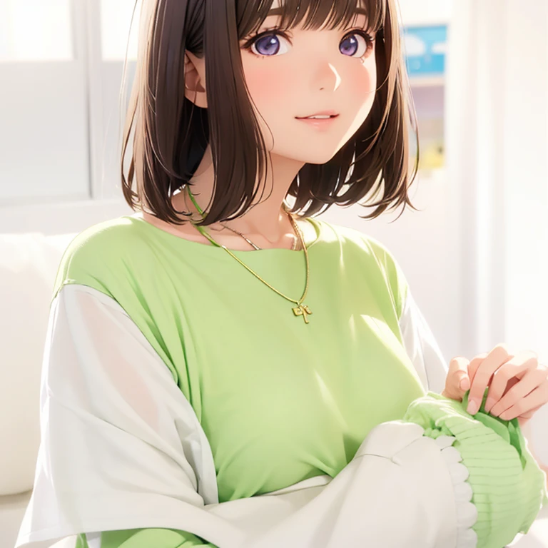 High resolution,In 8K,highest quality,detailed,Semi-realistic anime,Anime 3D Style,Smooth anime CG,One Girl,19-year-old woman in Japan,slim,Modeled,Shiny brown hair,Medium Hair,detailedな顔,Beautiful and detailed,Glowing Skin,Short-sleeved shirt,necklace,straggling hair,Angelic hairstyle,Small breasts,Round and big eyes,Looking at the audience,