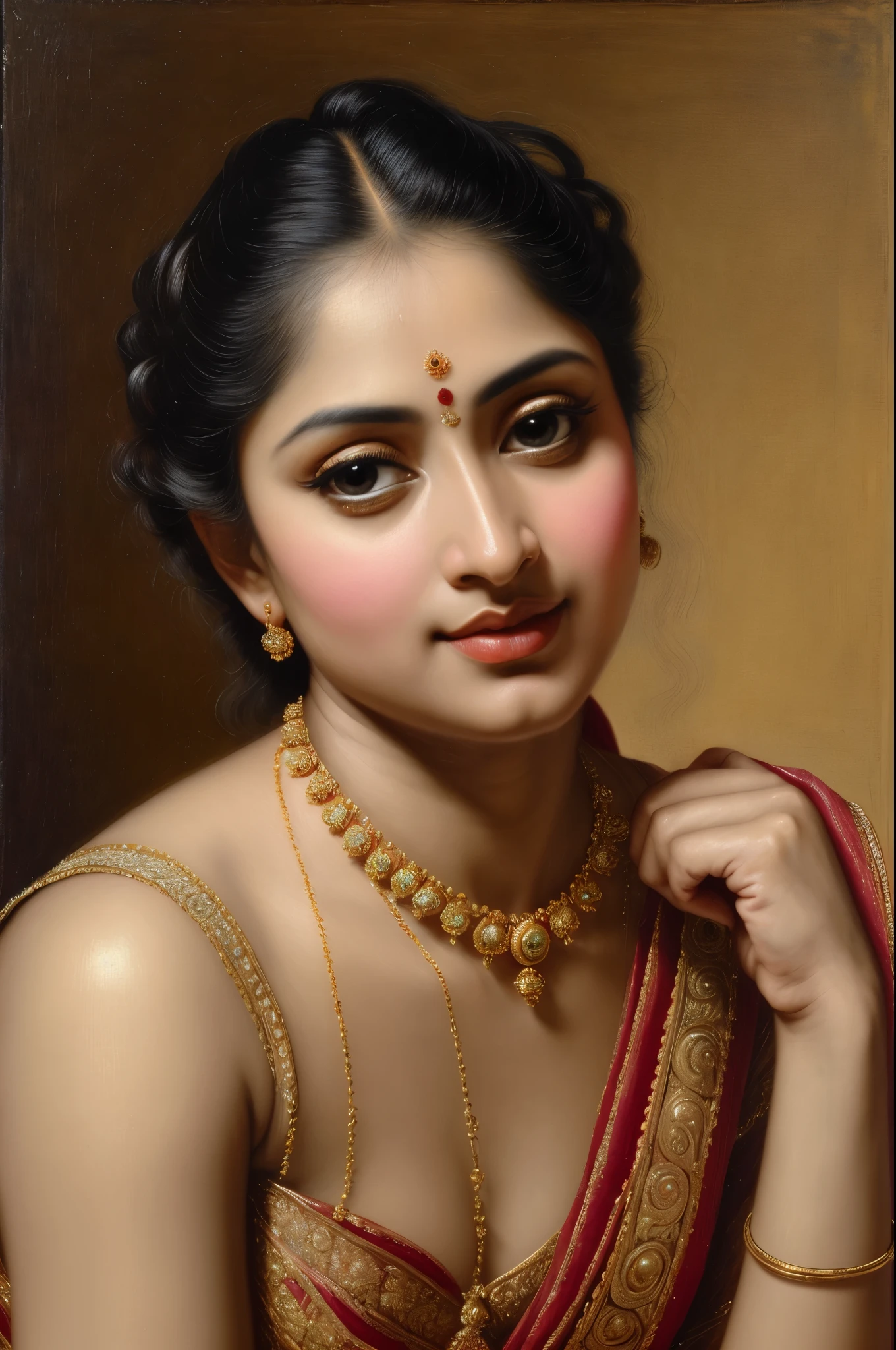 Beautiful Indian Woman, wearing saree, sari Beauty, gorgeous, Apsara, Maharani, royal queen woman, nymph from Hindu Mythology, Urvashi, matchless beauty, Highly detailed, Oil Painting by Peter Paul Rubens inspired by Raja Ravi Varma, Matchless beauty, captivating, gorgeous, heavenly beauty, celestial beauty, by Peter Paul Rubens, 13, realistic, hyper realistic, micro details, incredible artwork, insane details, ultra High resolution, 8k, 32k, acrylic on canvas, intricate, flawless, detailed, detailed face, detailed eyes, masterpiece, by Peter Paul Rubens, by Caravaggio, by William Adolphe bouguereau, perfect face, perfect body, beautiful art, realism, baroque, renaissance Art, highly textured, beautiful and detailed eyes, uhd, best quality,