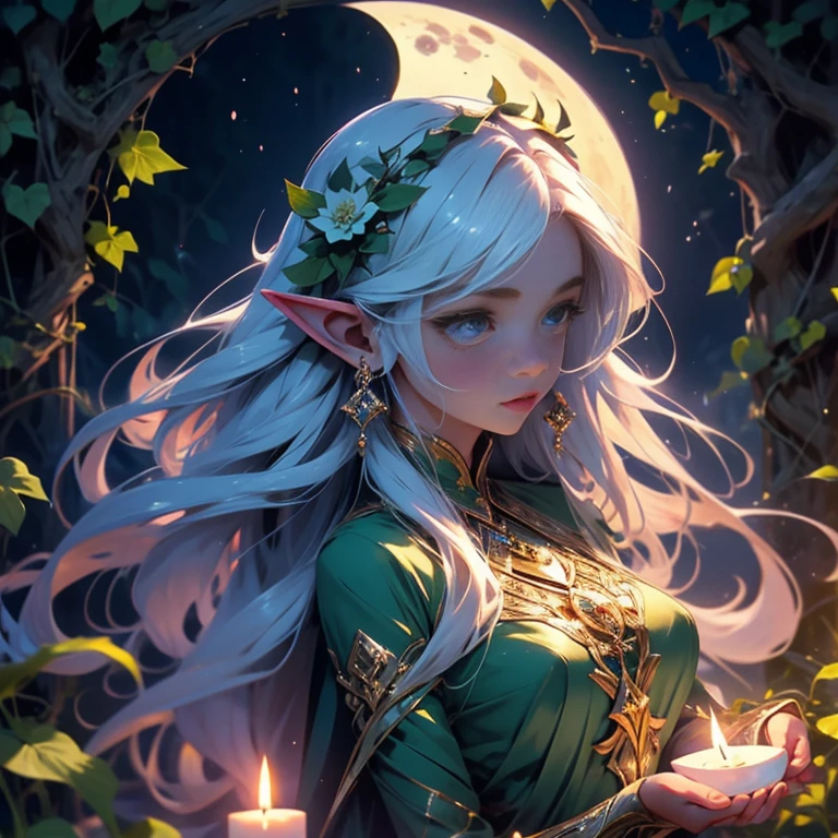 A moon elf maiden undergoes a cleansing ritual where tentacles of flowered ivy and vines caress and clean her under a moonlit sky 