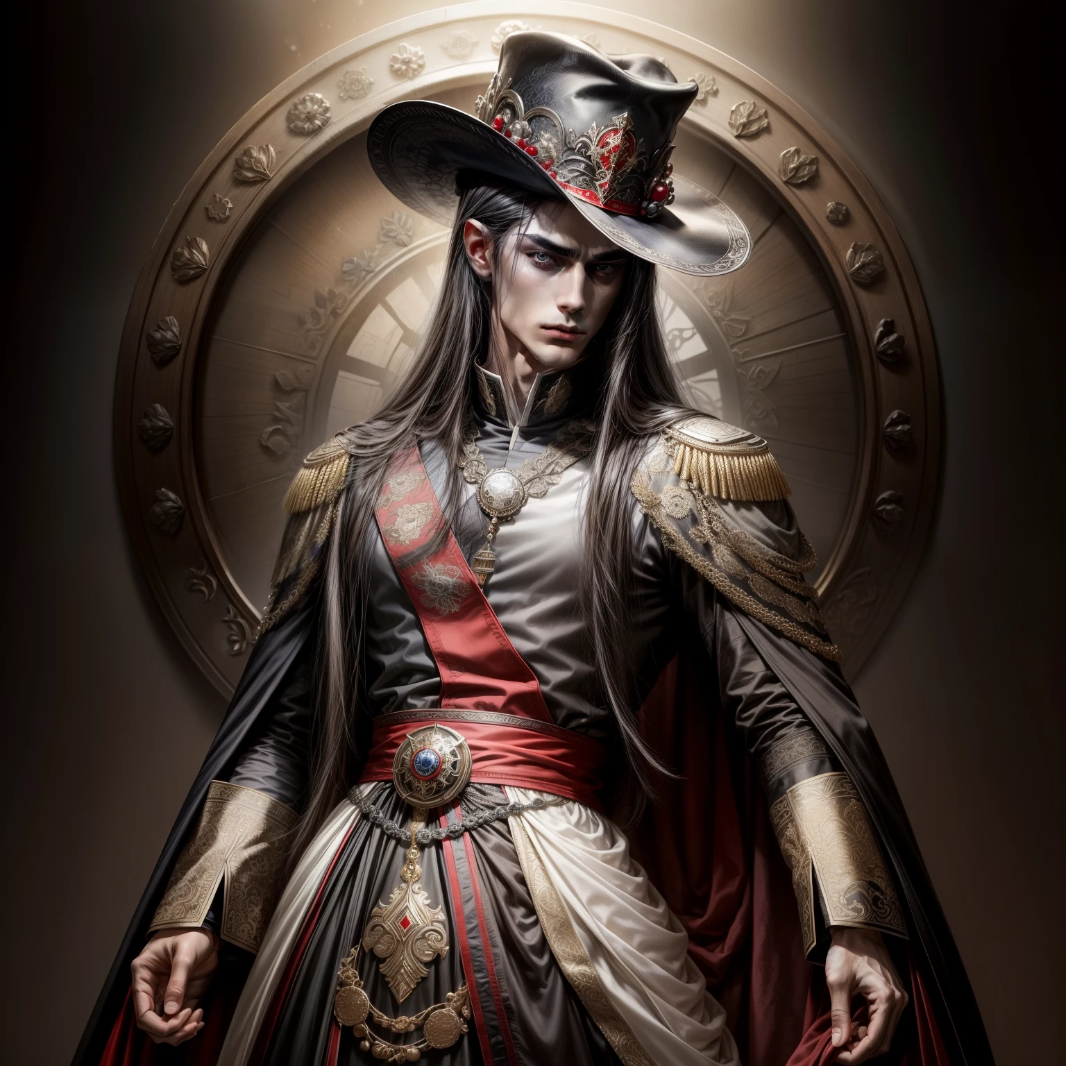 best quality,Masterpiece,young man with beautiful face,21 years old,My hair is thin.,I have long black hair.,Wearing the Emperor of the Magic Empire's outfit, black and red tones.,Wearing the hat of an Imperial General,Handsome and beautiful face,Has a fierce and cunning look in his eyes.,crazy energy,Powerful, with resolute eyes,Has beautiful white skin like a woman's.,Top quality pull-ups for the upper body.