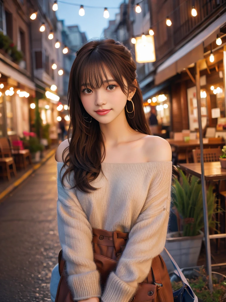 1 girl, long hair, looking at viewer, smiling, brown hair, dress, bare shoulders, jewelry, earrings, food, indoors, off shoulder, window, night, cake, city, candles, streetscape, balloons, city lights, birthday cake, miniskirt