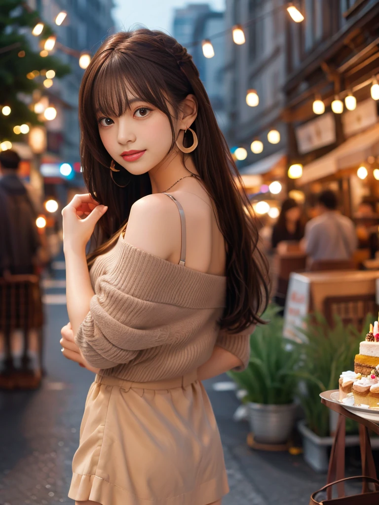 1 girl, long hair, looking at viewer, smiling, brown hair, dress, bare shoulders, jewelry, earrings, food, indoors, off shoulder, window, night, cake, city, candles, streetscape, balloons, city lights, birthday cake, miniskirt